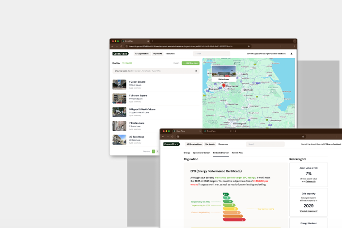 Climate insights dashboard showing properties, a map and regulatory risk information