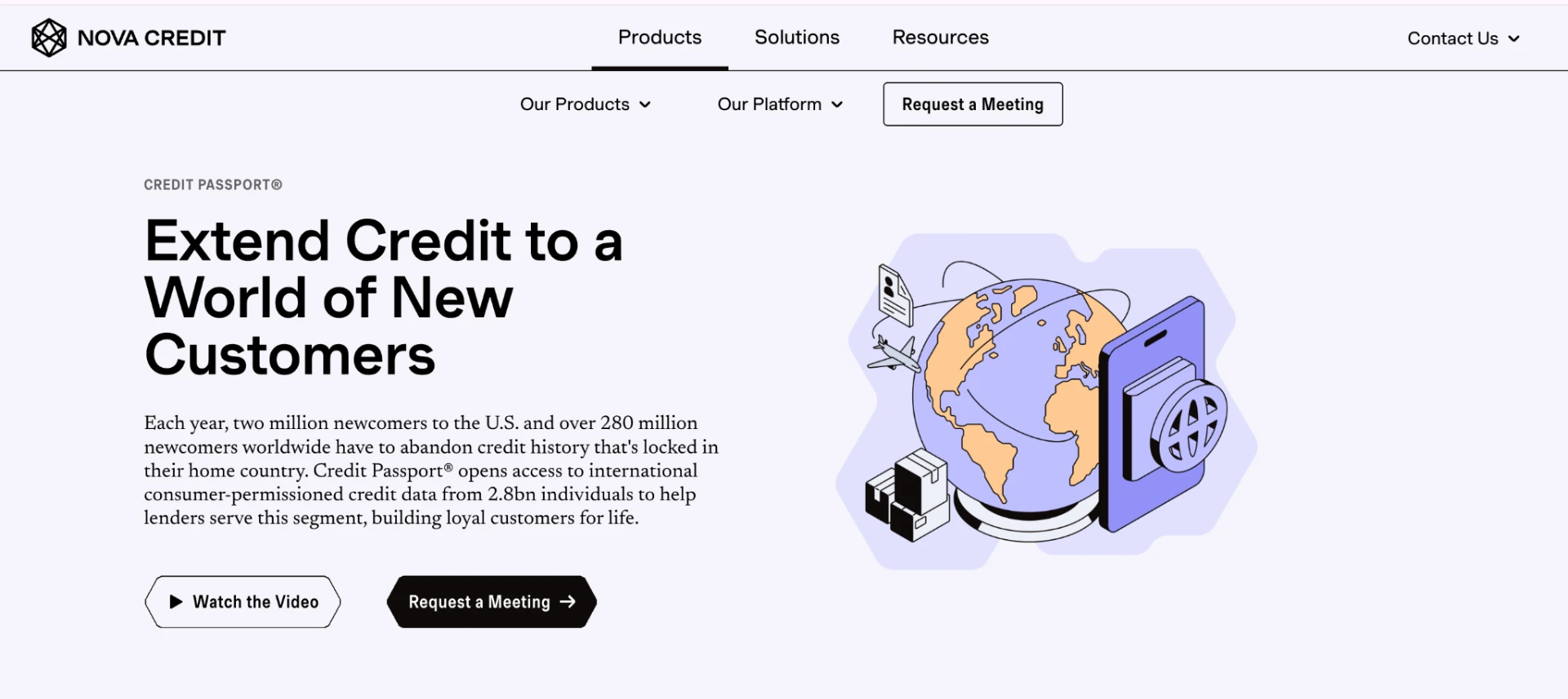 Nova Credit Credit Passport headline with globe and passport illustration