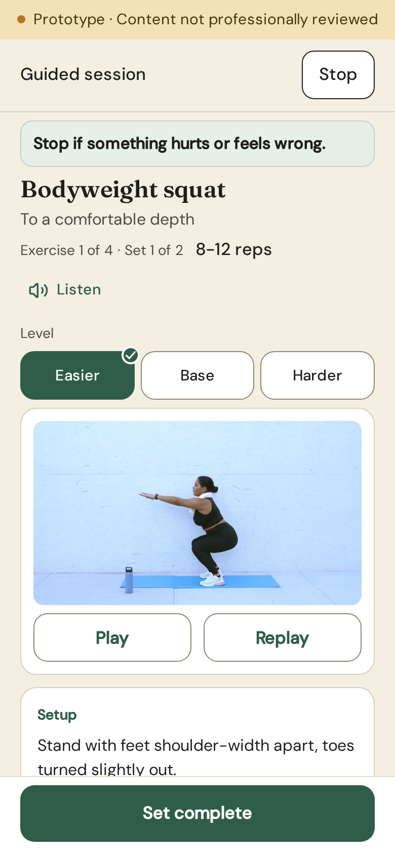 PeriMove guided Bodyweight squat screen with written cues, Listen, a movement demonstration and level choices