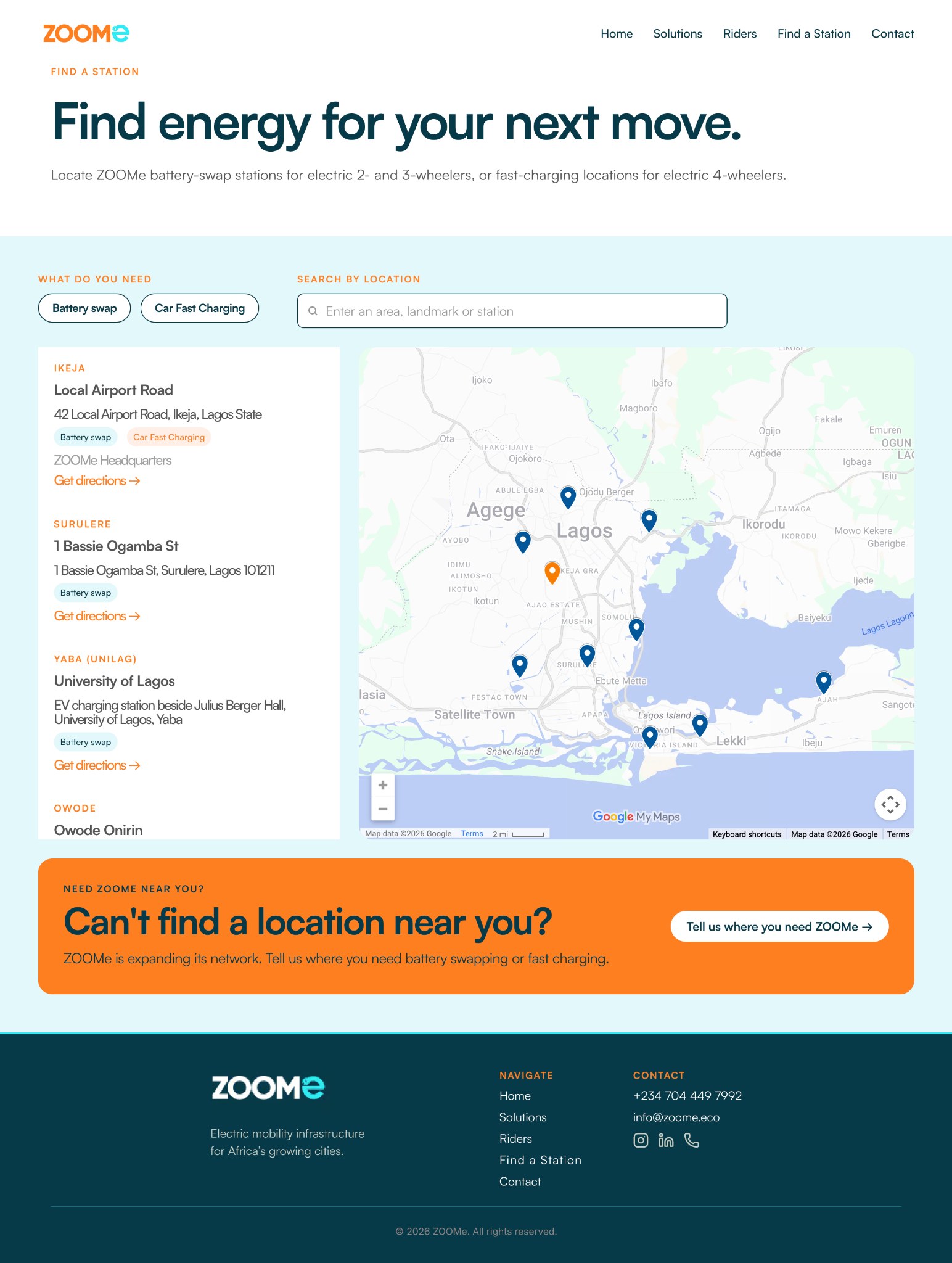 Full-page view of the ZOOMe station finder on desktop