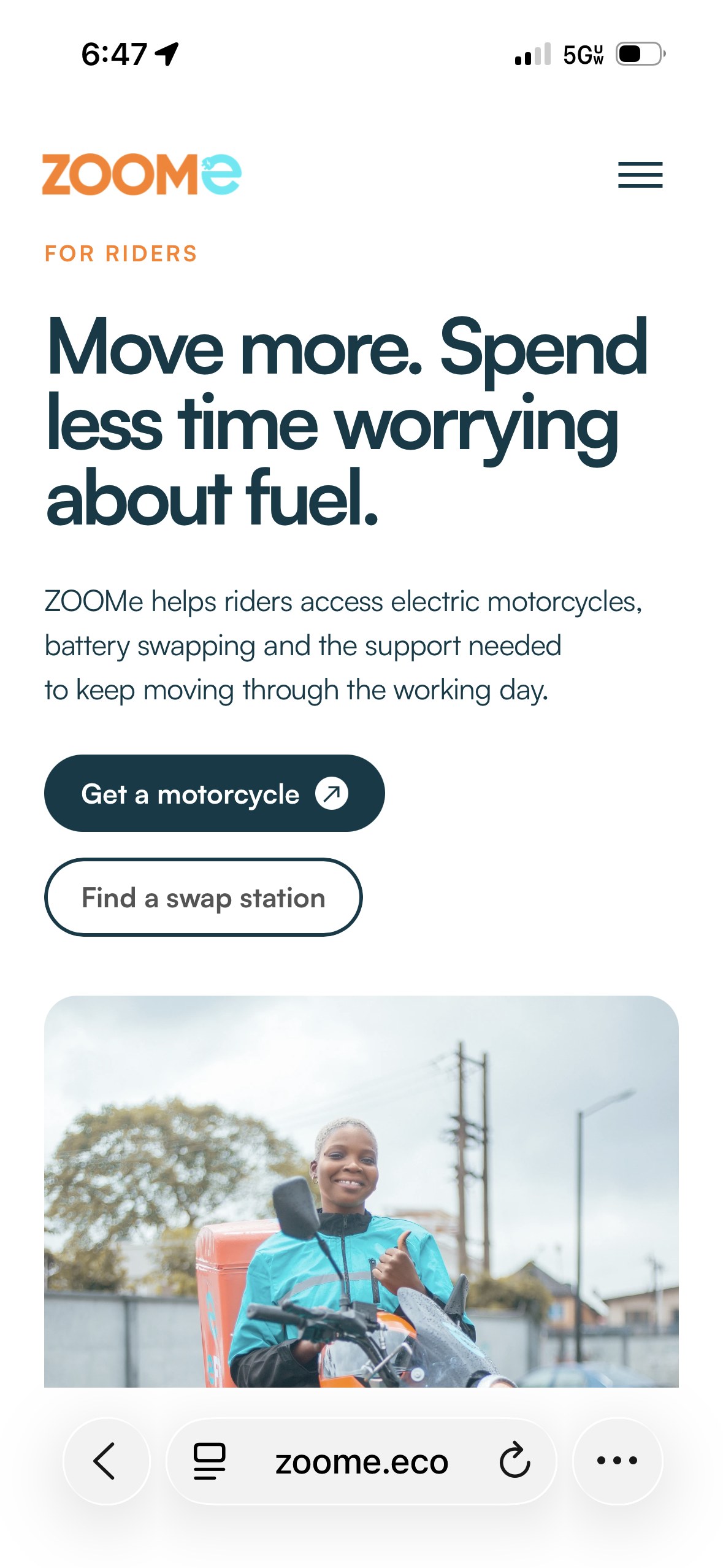 The ZOOMe Riders page on a phone