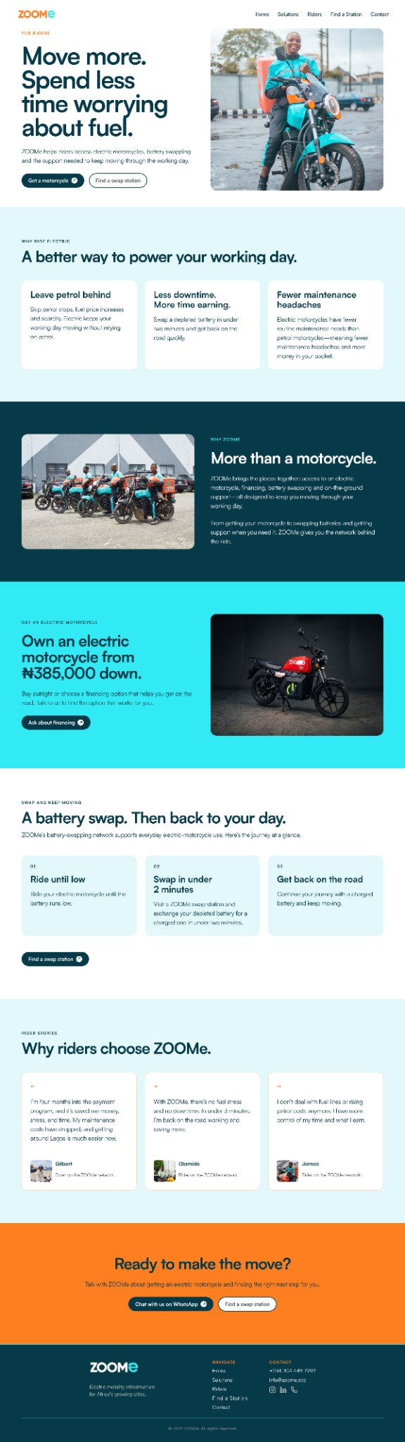 Full-page view of the ZOOMe Riders page on desktop